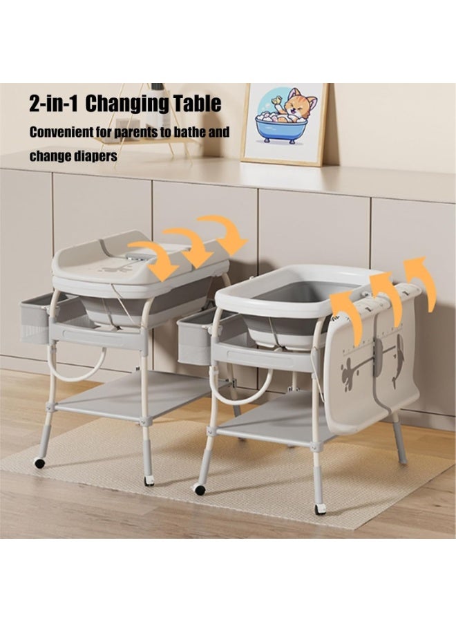 WALALLA 2-in-1 Baby Bathtub & Changing Table, Adjustable Height Folding Diaper Station Waterproof Pad with Storage Rack & Wheels, Baby Bath Tub with Thermometer - Image 5